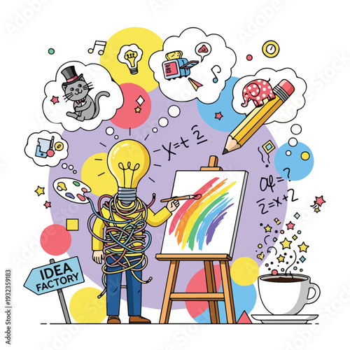 A creative person with a lightbulb head painting a rainbow