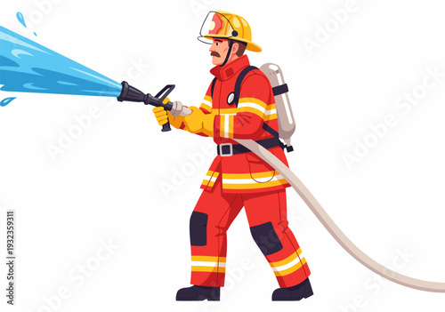 A brave male firefighter in a red uniform spraying water from a hose in this vector illustration