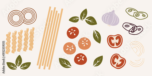 An illustrated arrangement of pasta vegetables and ingredients for cooking