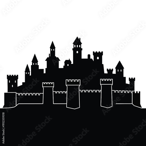 Majestic medieval castle silhouette with towers and battlements