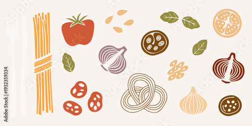 Stylized illustration of various ingredients for italian cuisine