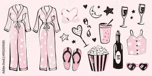 Relaxing night in pajamas champagne and self care essentials illustrated