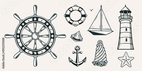 Nautical themed sketch featuring a ship s wheel lighthouse and other elements