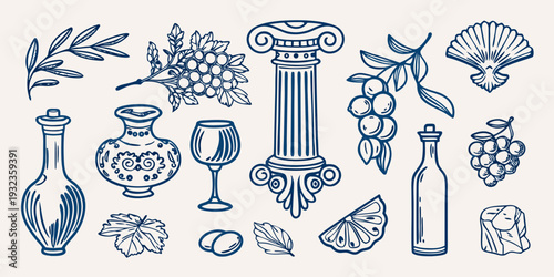 Classical elements grapes columns and decorative objects in blue line art