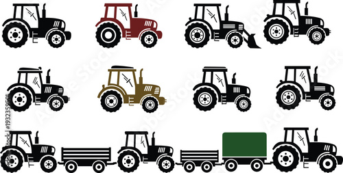 Vector collection of tractor silhouette icons including heavy machinery with trailers, front loaders, and colorful farm equipment isolated on white for agricultural industry design (25 words)