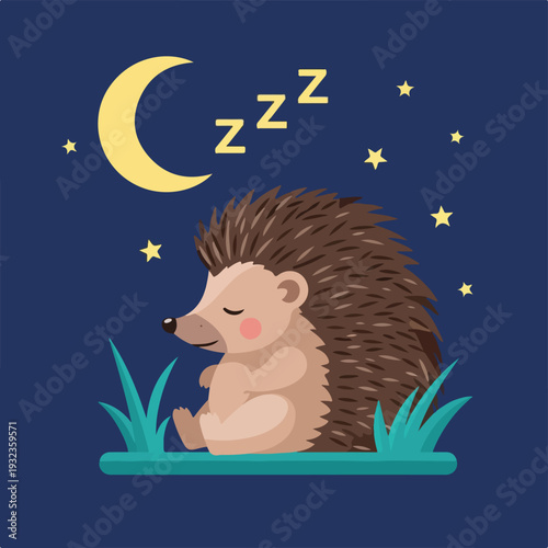A cute cartoon hedgehog sleeps soundly under the starry night sky