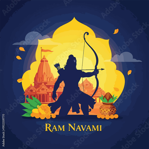 A dark silhouette of a figure with a bow and arrow against a temple and sun