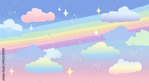 Pastel Sky with Pixelated Clouds and Rainbow Against Light Blue and Pink Background in 8-bit Style Digital Art