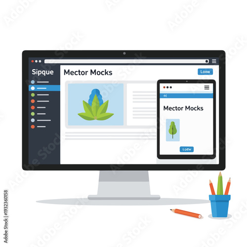 A desktop monitor with a phone displaying a webpage, pencils