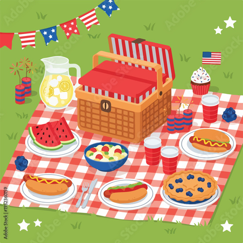 A delightful illustration of a picnic with food, drinks, and decor