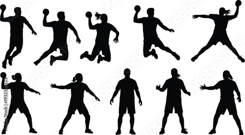 Collection of handball player silhouettes in dynamic poses, including jumping, throwing, and defensive stances, arranged on white background for sport design, training, and illustration use.