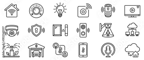 Smart home and automation line icons including Wi-Fi house, thermostat, light bulb, remote control, smart speaker, security camera, door lock, motion detector, cloud network and more