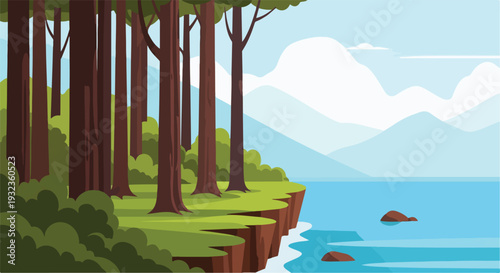 A forest scene, trees on a cliff overlooking water and mountains