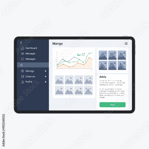 A digital tablet displays an app with a dashboard interface