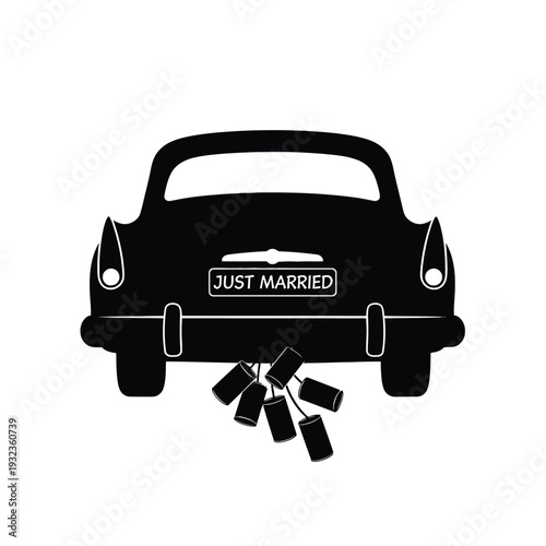 Black silhouette of a vintage car with just married sign and cans