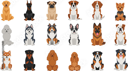Large collection of flat vector dog breed icons including golden retriever, german shepherd, husky, pug, bulldog, poodle, and shiba inu isolated on white background.