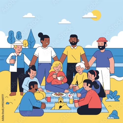 A diverse group gathers for a picnic on the beach