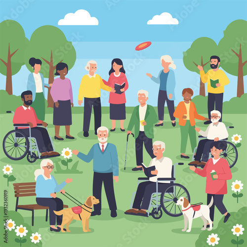 A diverse group of people socializing outdoors in a park setting