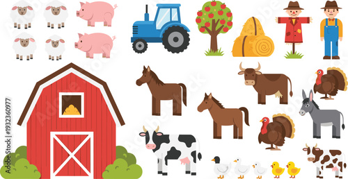 Farm Animals and Agriculture Elements Collection Featuring Barn, Tractor, Farmers, and Livestock for Rural, Farming, and Educational Designs