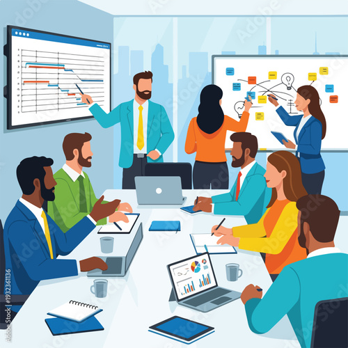 A diverse team collaborates at a meeting, analyzing project data