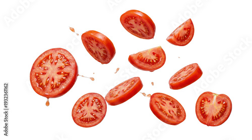 Juicy red tomato slices falling dynamically with splashes on transparent and white background.