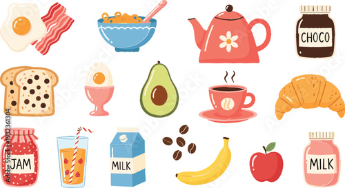 Set of 14 Breakfast Illustrations Featuring Eggs, Toast, Avocado, Milk, and Drinks for Food, Culinary, and Healthy Design Themes