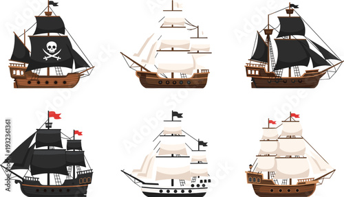 Illustration of Pirate Ships with Black Sails and Flags for Adventure, Sea, and Fantasy Designs