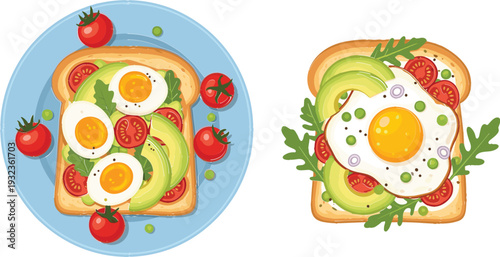 Set of 2 Healthy Breakfast Toast Dishes with Eggs, Avocado, and Tomatoes for Food, Healthy, and Culinary Design Themes