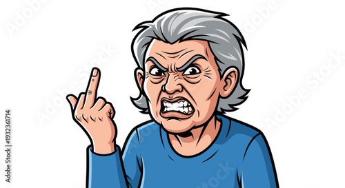 Angry senior woman with gray hair showing middle finger, expressing rage, cartoon illustration