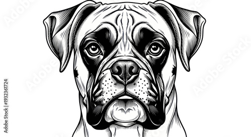 Boxer Dog Portrait, Intense Gaze, Black and White Line Art