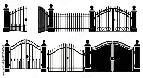 Classic Wrought Iron Gates and Fences Set - Entrance, Security, and Architectural Elements