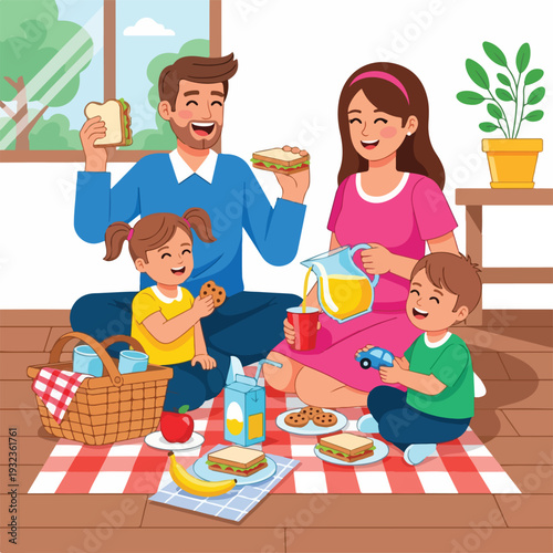 A family enjoying a picnic on a sunny day together, smiling