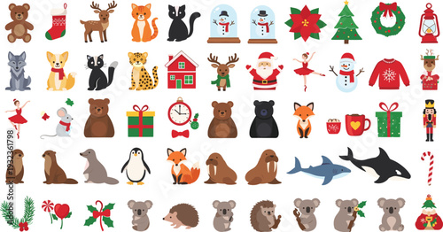 Christmas and Holiday Illustrations Featuring Animals, Gifts, Decorations, and Festive Elements for Winter Designs