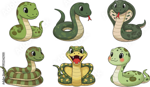 Cute Cartoon Snakes in Different Poses for Animal, Reptile, and Kids' Illustrations