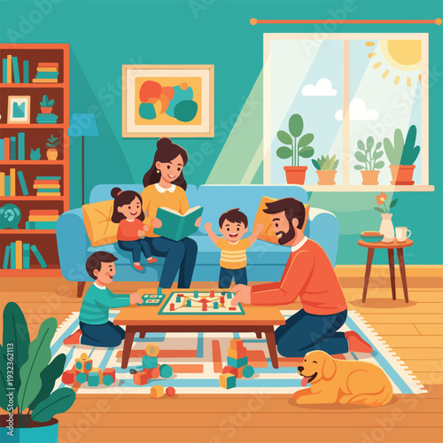 A family enjoying activities together indoors, reading and playing games