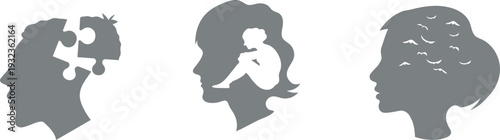 Human mind concept silhouette set. Psychology, emotion and thinking silhouette collection.