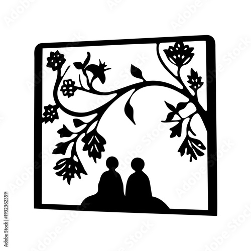 Family Silhouette Window Frame Decorative Design- Black silhouette of family figures inside window frame with decorative iron details, symbolizing home, protection, togetherness and domestic life
