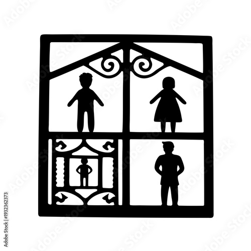Family Silhouette Window Frame Decorative Design- Black silhouette of family figures inside window frame with decorative iron details, symbolizing home, protection, togetherness and domestic life
