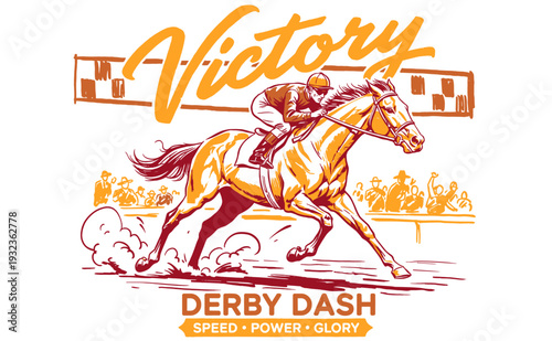 Derby Dash Horse Racing Victory Illustration. Vintage graphic with jockey, racehorse. Speed, Power, Glory design.