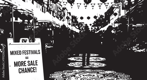 Black and white vector illustration of a festival marketplace with a promotional sign