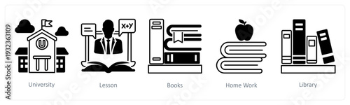 A set of 5 mix icons as university, lesson, books in black color
