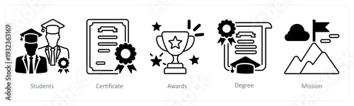 A set of 5 mix icons as students, certificate, awards in black color