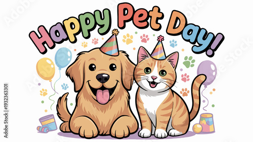 Happy pet day smiling dog and cat wearing party hats with colorful balloons and confetti