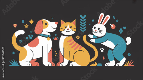 Friendly dog cat and rabbit play together outdoors in colorful garden with flowers and plants