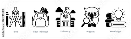 A set of 5 mix icons as tools, back to school, university in black color