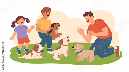 Family with kids playing with happy dogs in green grass outdoors