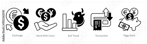 A set of 5 mix icons as exchange, hand with coins, bull trend, in black color