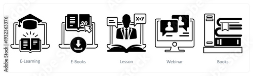 A set of 5 mix icons as e learning, e book, lesson in black color