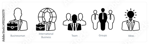 A set of 5 mix icons as businessman, international business, team in black color