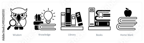 A set of 5 mix icons as wisdom, knowledge, library in black color